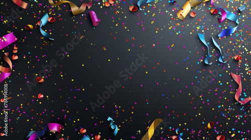 Festive black background with colorful confetti and streamers. Birthday border frame with empty copy space. Generative AI