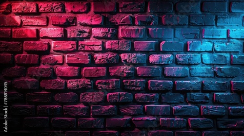 Brick walls without plaster provide a background and texture, as does neon lighting. red and blue neon background lighting. photo