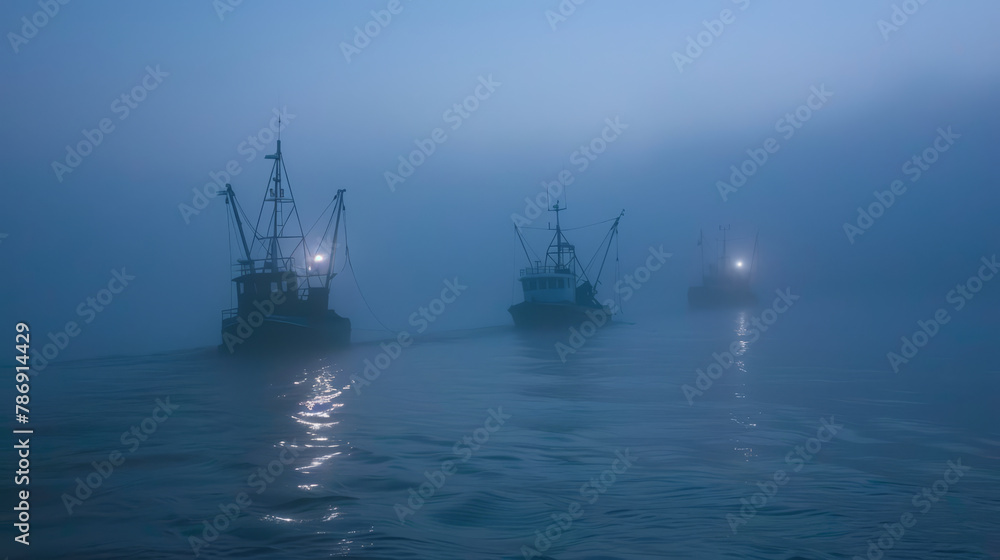 Fishing vessels emerge from the mist on the calm sea, illuminated by the diffuse light of an early morning sun..