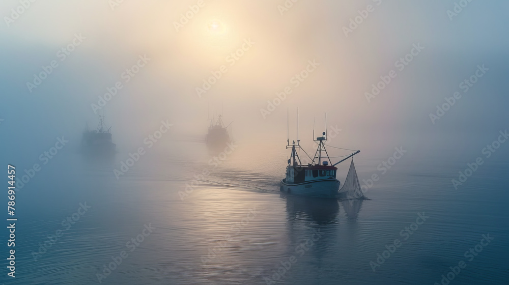 Fishing vessels emerge from the mist on the calm sea, illuminated by the diffuse light of an early morning sun..