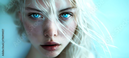 Pale scandinavian woman face with blue eyes close up. Generative ai design art concept.