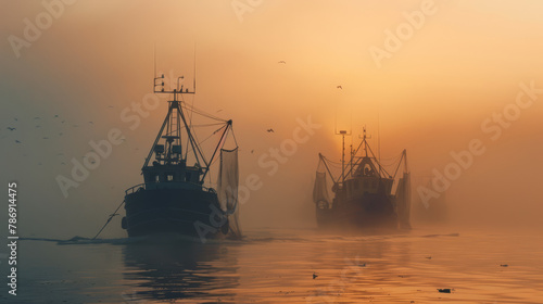 Fishing Vessels with Nets in Hazy Sunrise.