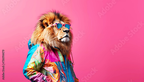Cool lion with sunglasses wearing a colorful jacket. Generative ai design concept art.