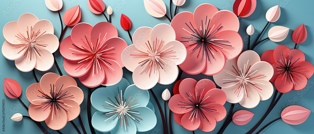 a many paper flowers that are on a blue surface a many paper flowers that are on a blue surface