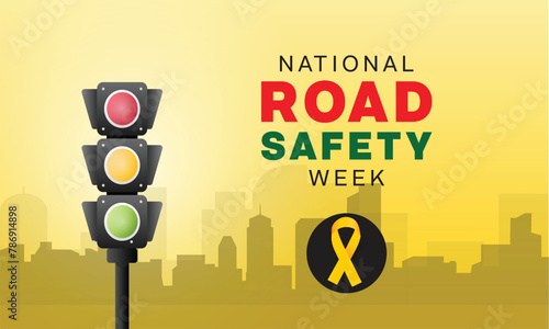 National Road Safety Week design. It features a traffic light with a yellow ribbon. Vector illustration
