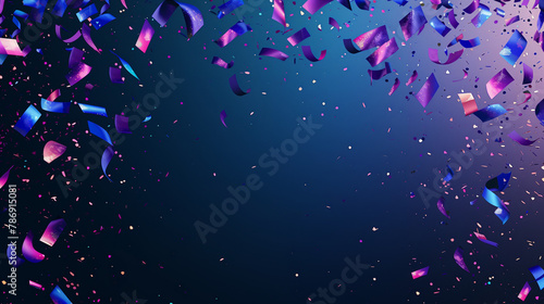 Festive dark blue background with colorful confetti and streamers. Birthday border frame with empty copy space. Generative AI © Odin