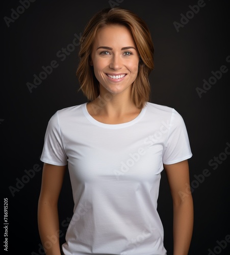 A woman in a white shirt beams happily, captivating the camera with her warm smile