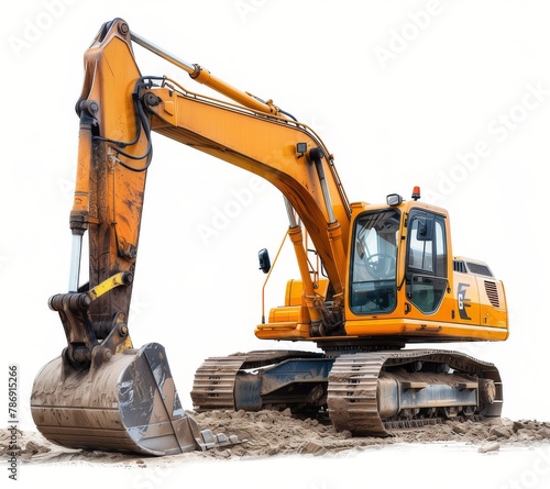 A yellow excavator isolated white background