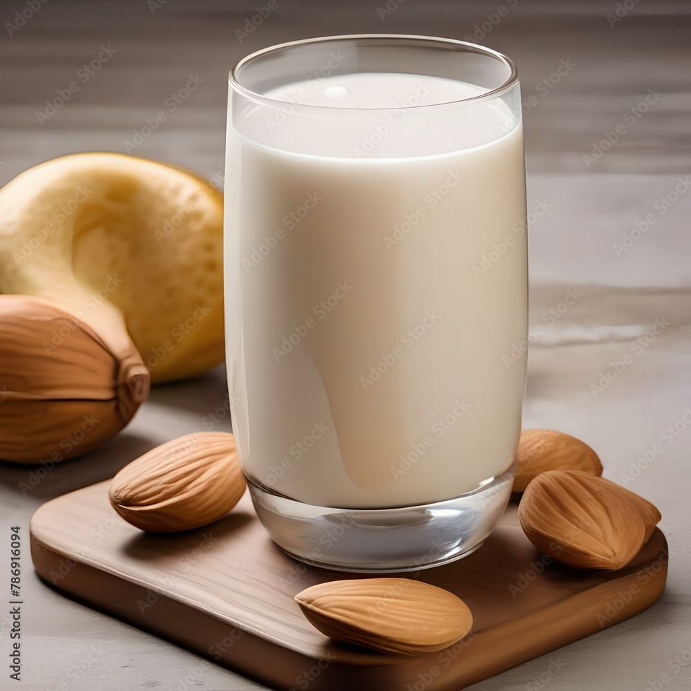 A glass of creamy cashew almond milk with a splash of honey4 - obrazy, fototapety, plakaty 