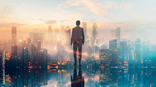 Businessman Overlooking Cityscape at Sunset