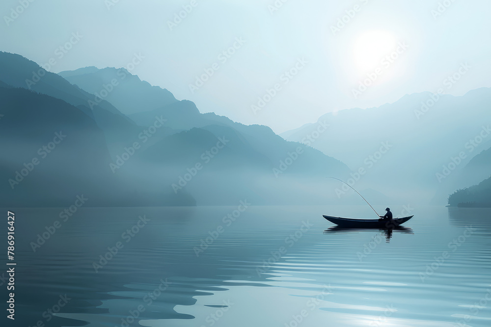 Fototapeta premium A single fisherman sits in a small boat, fishing in the still waters of a misty lake, enveloped in a peaceful, serene atmosphere..