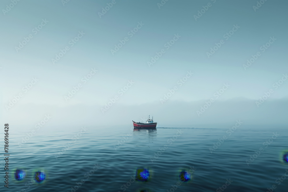 Obraz premium A single fisherman sits in a small boat, fishing in the still waters of a misty lake, enveloped in a peaceful, serene atmosphere..