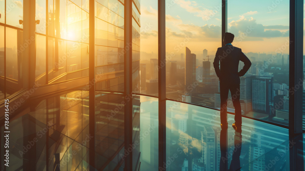 Fototapeta premium Businessman Overlooking Cityscape at Sunset