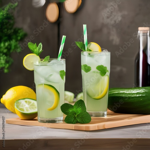 A refreshing cucumber mint lemonade with a cucumber, mint, and lemon garnish2