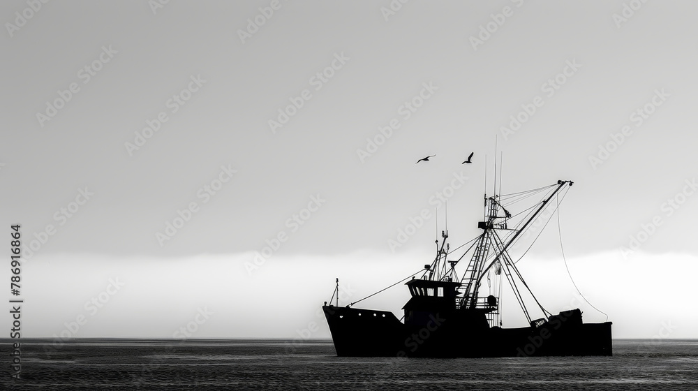 Fototapeta premium Fishing Boat Silhouette on Calm Sunrise Waters.