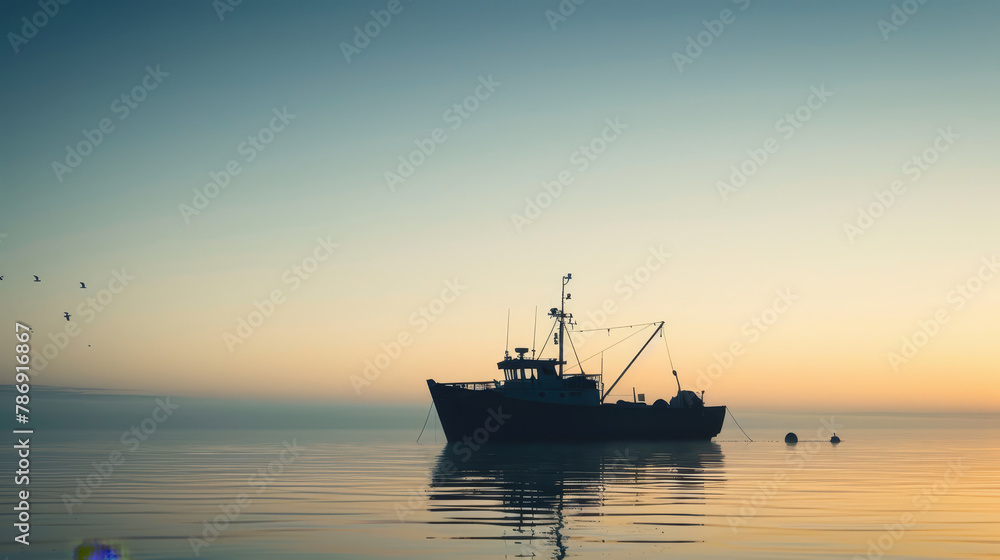 Fishing Boat Silhouette on Calm Sunrise Waters.