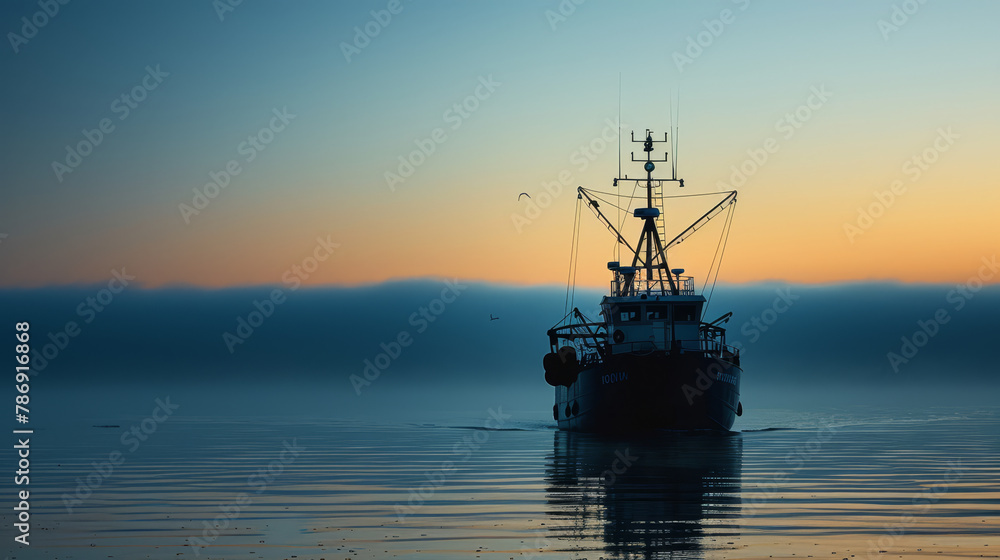 Fishing vessels emerge from the mist on the calm sea, illuminated by the diffuse light of an early morning sun.