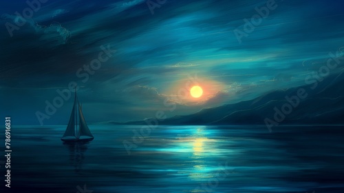 Illustration of boat on the beach in the midnight