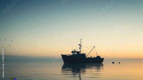 Fishing Boat Silhouette on Calm Sunrise Waters. © bajita111122