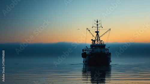 Fishing vessels emerge from the mist on the calm sea, illuminated by the diffuse light of an early morning sun.