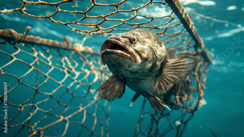 Grouper Fish Trapped in Fishing Net Underwater