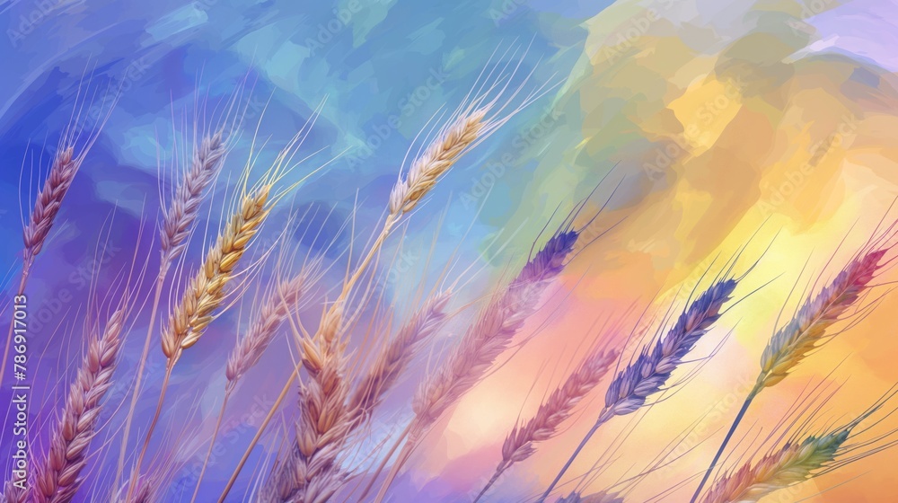 Artistic agriculture undustry background with ears of ripe wheat and a sign of wealth and well-being with bread buttered on both sides - obrazy, fototapety, plakaty 