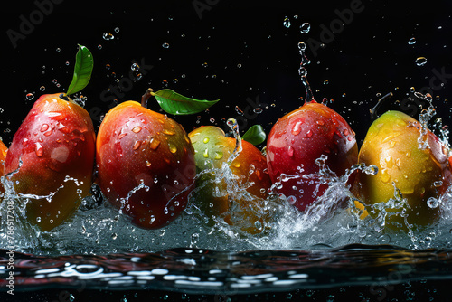 Vivid mangos captured in an explosive water splash, showcasing their vibrant colors against a dramatic black background