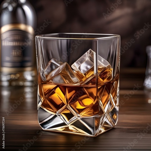 A glass of bourbon whiskey with ice cubes2 photo