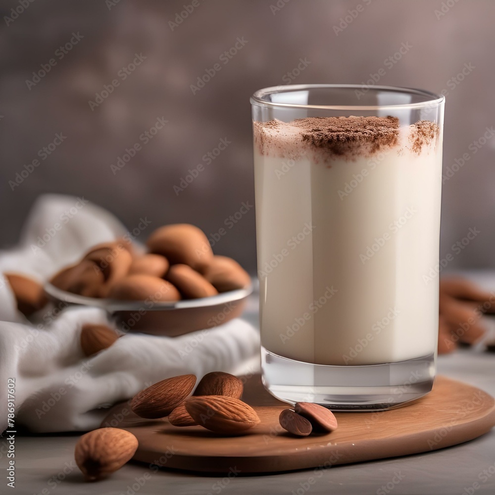 A glass of creamy almond cashew milk with a sprinkle of cocoa powder2 A glass of creamy almond cashew milk with a sprinkle of cocoa powder2
