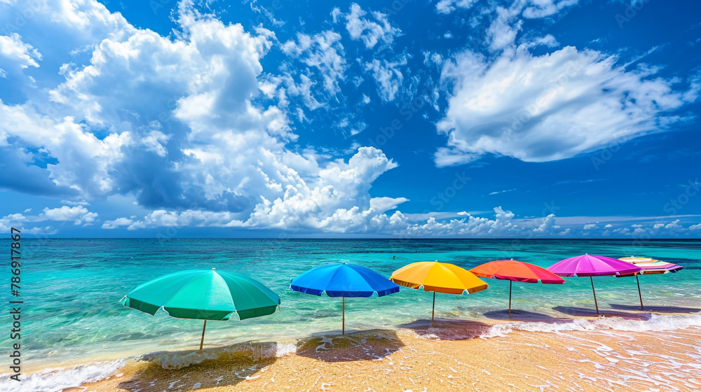 Embark on a visual journey to a paradisiacal beach during summer. Crystal blue waters meet a sky adorned with vibrant hues and multi-colored beach umbrellas Embark on a visual journey to a paradisiacal beach during summer. Crystal blue waters meet a sky adorned with vibrant hues and multi-colored beach umbrellas