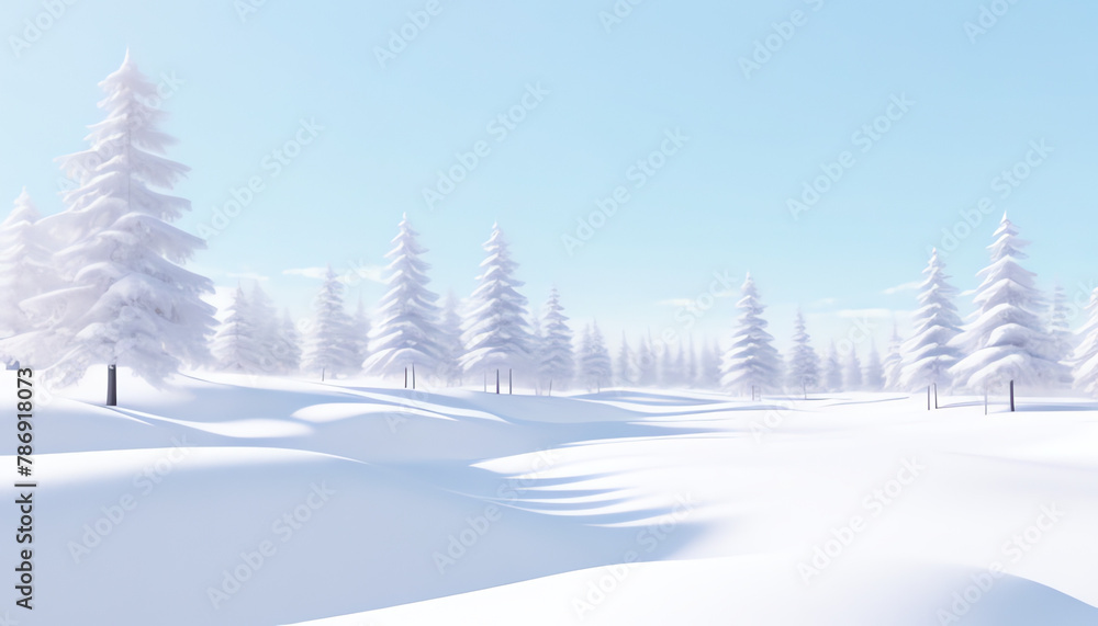 Fototapeta premium snow covered woodland forest scene, video game style anime graphic illustrations