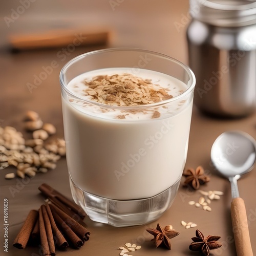 A glass of creamy oat milk with a sprinkle of cinnamon1