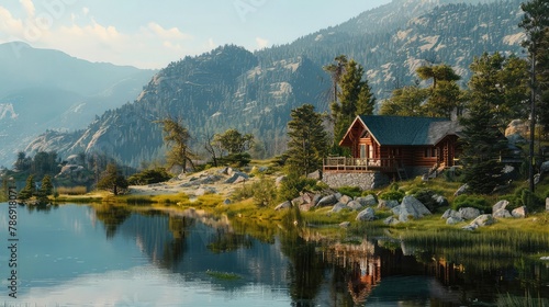 Cabin overlooking mountains and a lake photo