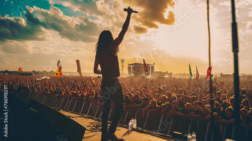  a  performer, music artist in front of crowd on a huge stage, at a summer music festival photo