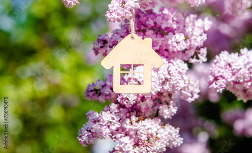 The symbol of the house among the branches of the pink lilac
