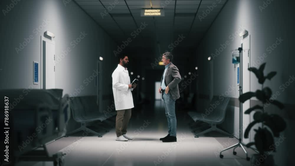 Doctor talking with man in hospital hallway. Talking with doctor in clinic corridor. Doctor talking with man in hospital hallway. Talking with doctor in clinic corridor.