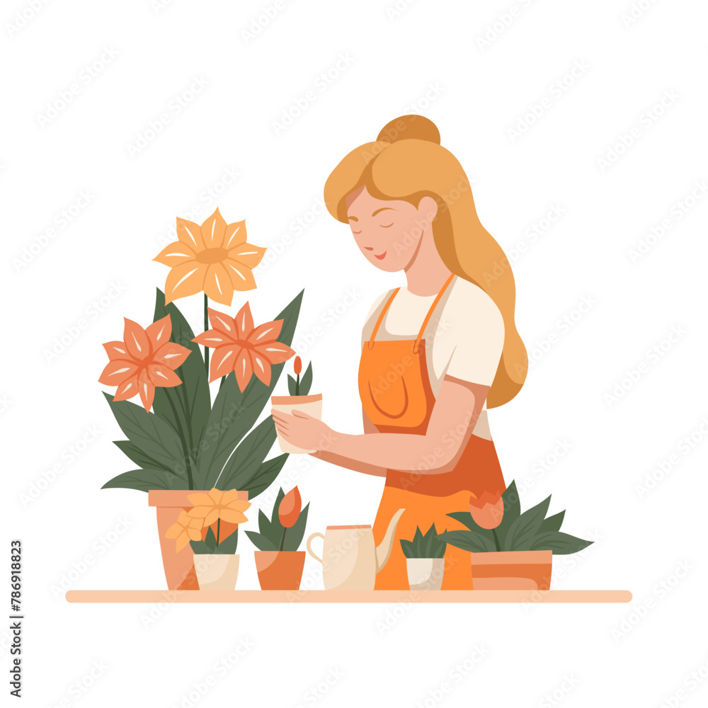 Vector flat clip art of a cute blonde woman gardener in an apron with flowers in pots isolated from background. Hobbies floristry and useful work. Trendy illustration for articles and postcards Vector flat clip art of a cute blonde woman gardener in an apron with flowers in pots isolated from background. Hobbies floristry and useful work. Trendy illustration for articles and postcards