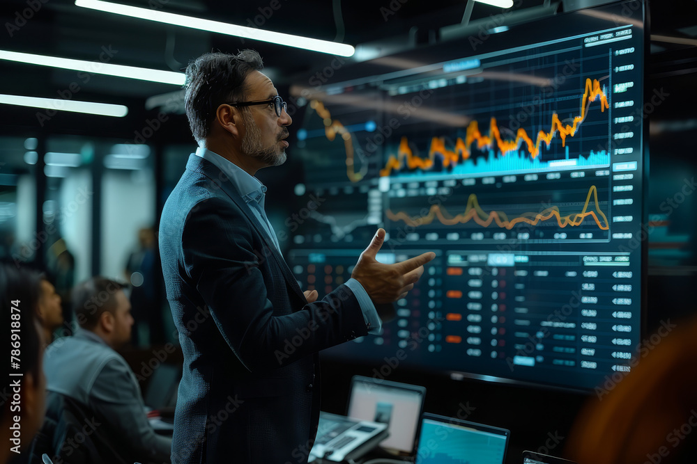 A confident businessman with arms crossed stands in front of a large screen displaying cryptocurrency market trends and data analysis.. A confident businessman with arms crossed stands in front of a large screen displaying cryptocurrency market trends and data analysis..