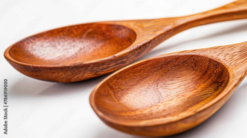 Close up of two brown wooden spoons on a white background Close up of two brown wooden spoons on a white background