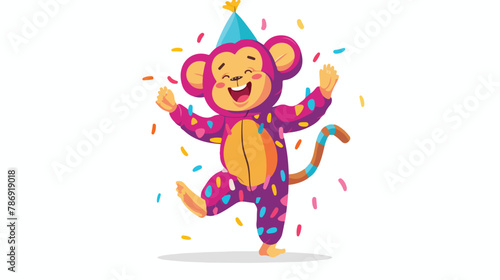 Child in party costume of monkey dancing and having f