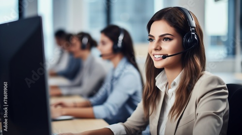Young friendly operator woman agent with headsets working in a call centre