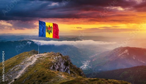 The Flag of Moldova On The Mountain. photo