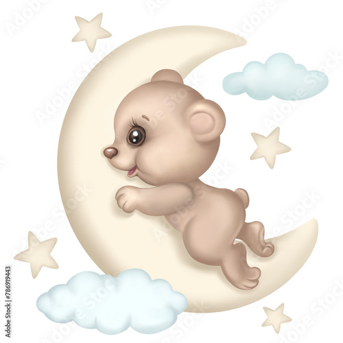 Cute dreaming teddy bear on the moon hand drawn cartoon illustration. Perfect for birthday greeting card, baby shower invitation, t-shirt print, kids wear fashion design