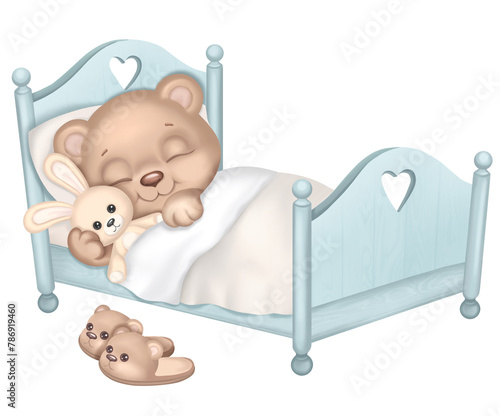 Cute baby bear sleeping in bed. Little teddy bear boy hugging rabbit toy sleep at night. Healthy sleep. Kid's room. Hand drawn cartoon illustration.