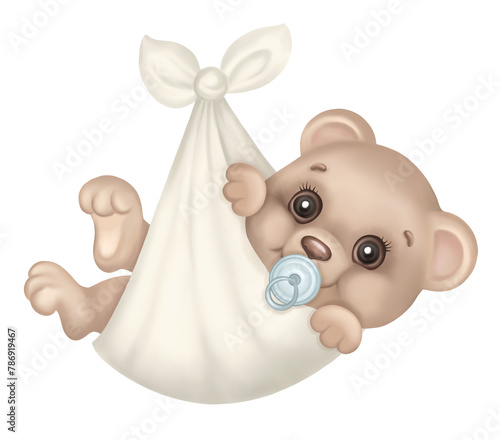 Cute Newborn Baby Bear in Bag, Funny Pregnancy Announcement, Teddy Bear  Baby Shower Invitation Card, Newborn Congratulations, It's a Boy kids poster, New baby arrival design, Hand drawn Illustration © MarinadeArt