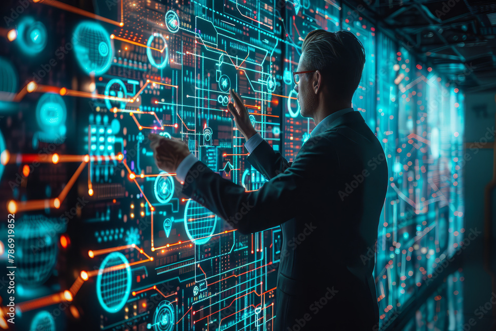 Business Executive Interacting with Advanced Control Panel. Business Executive Interacting with Advanced Control Panel.