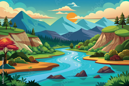 River Landscape  cartoon vector Illustration flat style artwork concept  © Shapla
