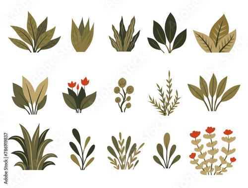 Vector set of green tropical plants and flowers isolated from background. Collection of flat hand drawn greenery bushes. Nature clipart for stickers, cards.