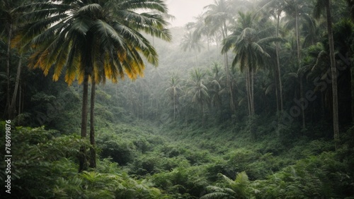 High-resolution image of a green, foggy, and misty tropical jungle full of vegetation. 
