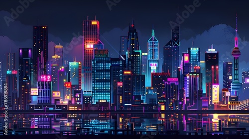 pixel art urban city night view with colorful lights